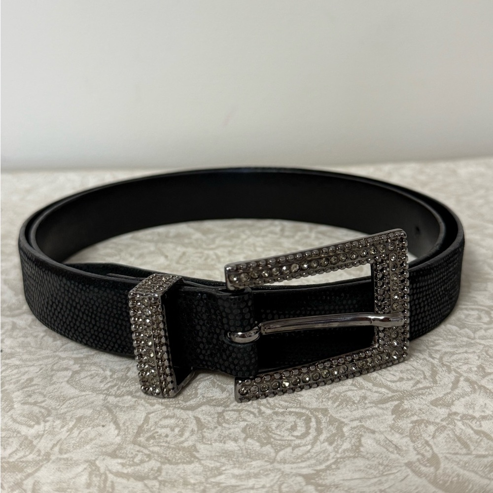 Sandy Duftler Designs Black Leather Belt with Silver Rhinestone Buckle Large